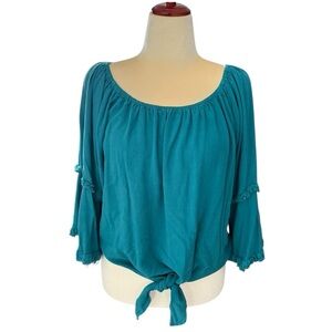 Umgee Boho Peasant Linen Blouse Teal Blue Green Bell Sleeve Tie Front Si…